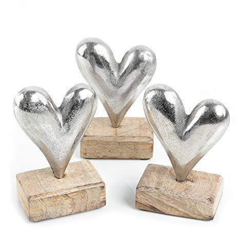 Logbuch-Verlag 3 Herzen Metall & Holz Metallherzen Symbol Geschenk Valentinstag Hochzeit Geburtstag Liebe Silber 13 cm
