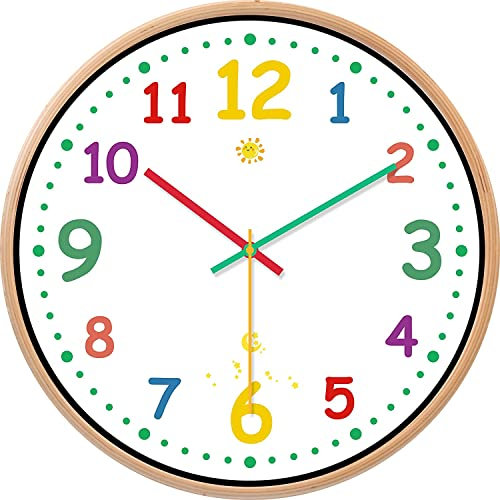 WONZOM Horloge Murale pour Enfants de 12 Pouces, Horloge décorative silencieuse à Piles sans tic-tac, Horloge Murale en verrecolorée Facile à Lire pour Le Salon/Chambre à Coucher/Salle d'étude