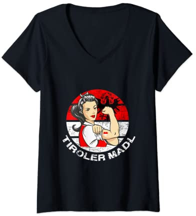 Damen Tiroler Madl T-Shirt Fahne Tiroler Adler Wappen Tirol Frauen T-Shirt mit V-Ausschnitt