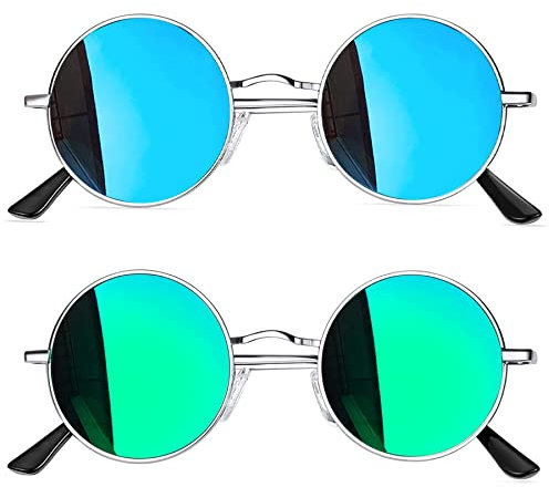 Joopin Verspiegelte Sonnenbrille Runde Herren Polarisiert Retro Vintage Hippie Runde Sonnenbrille Damen Grün Blau 2 Pack (Silber Grün und Silber Blau)