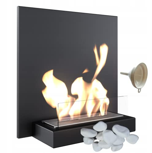 KRATKI Plank Bioethanol-Kamin für den Innenbereich + Einfülltrichter + dekorative Kieselsteine Wand-Biocontainer 0,33 l TÜV-zertifizierter pulverbeschichteter Stahl und Glas 45,2 x 45 cm schwarz