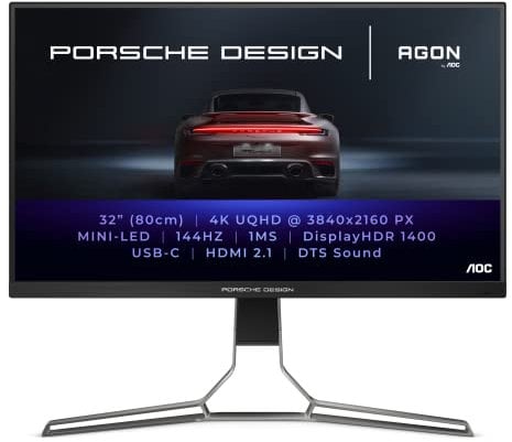 AOC AGON Porsche Design PD32M - 32 Inch 4K UHD Monitor, 144Hz, IPS, 1ms GTG, Light FX, Mini LED UHD, Speakers (3840 x 2160 @ 144Hz, HDR 1400, HDMI 2.1 / USB-C 3.2 / DP 1.4)