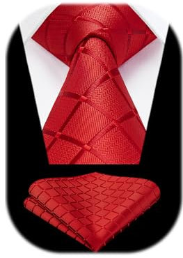 HISDERN Herren Krawatte Rot Formelle Klassische Karierte Krawatten mit Einstecktuch Hochzeit Herrenkrawatte und Taschentuch Set für Männer
