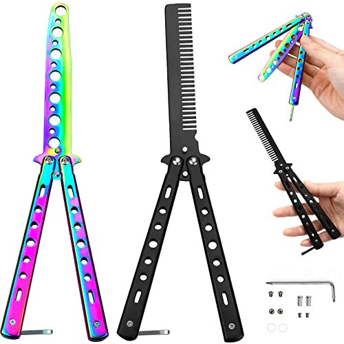 PANSYFEN 2pcs Couteau Papillon d’entraînement et Butterfly Comb Sans Lame Couteau Butterfly Peigne en Acier Pliable Couteau Balisong Butterfly Knife Pratiquent des Astuces de Flipping Débutants