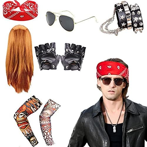 Juzinqu Rockstar Kostümset | 9-teiliges 80er Jahre Outfit Herren Rock Punk Zubehör | Rockstar Kostümperücke für Damen & Herren | Rock-Gothic-Kostüm für Disco-Halloween-Party-Zubehör der 1980er Jahre