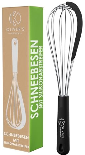 Oliver's Kitchen ® Balloon Whisk with Built-in Silicone Scraper to Catch Every Drop- Ideal for Baking & Home Cooking - Beat & Mix Eggs - Batter, Froth and Stir - Comfortable Handle - Easy to Clean