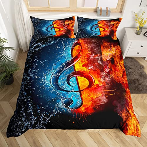 Bettwäsche-Set mit Musikmotiven, Wasserflamme, Musiknoten-Druck, Einzelbett, luxuriöses Musikmuster, Bettdeckenbezug für Kinder, Jungen, Mädchen, Herren, Damen, Hipster-Stil, Tagesdecke