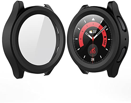 Yolin 2 Pack Hard Protective Case with Tempered Glass Screen Protector Compatible Samsung Galaxy Watch 5 Pro 45mm, PC Ultra-Thin All-around Cover For Galaxy Watch 5 Pro 45mm (2 Black)