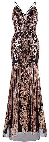 Angel-fashions Femme Col en V Or Floral Paillette Lacer Gaine Long Robe de soirée X-Large