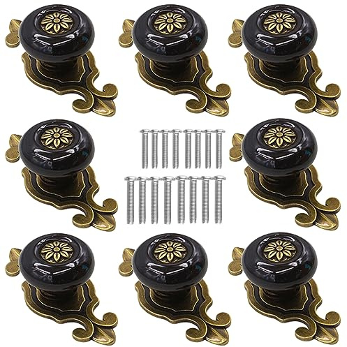 Kelier Lot de 8 boutons d'armoire rétro en céramique avec plaque arrière, poignées de tiroir pour tiroir de cuisine/commode/armoire/armoire (noir)