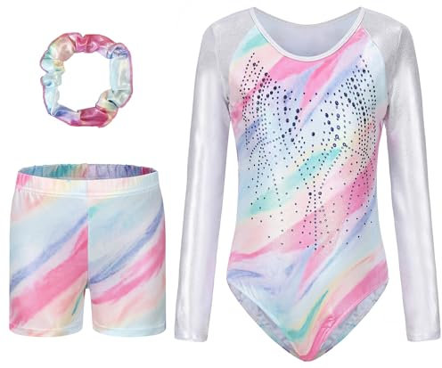 SEAUR Mädchen Turnanzug Turnshorts Haarband Set Kinder Turnen Trikot Shorts Gymnastik Langarm Gymnastikanzug Tanzen Kleidung 7-8 Jahre
