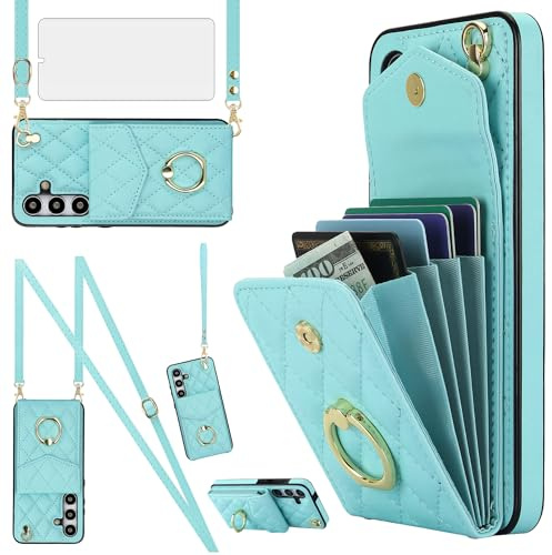 Asuwish Handyhülle für Samsung Galaxy S24 5G Hülle mit Band Folie Schutzfolie RFID Ring Ständer Kartenfach Klappbar Geldbörse S 24 24S S24Hülle Handy Hüllen Schutzhülle Damen Wallet Phone Case Teal