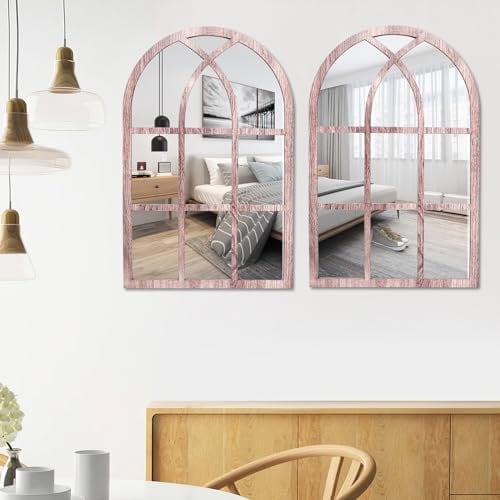 Sutowe Espejo de pared arqueado rústico vintage, espejo decorativo con marco de madera para sala de estar, baño, dormitorio, cocina, 27 x 42 cm (2 piezas)