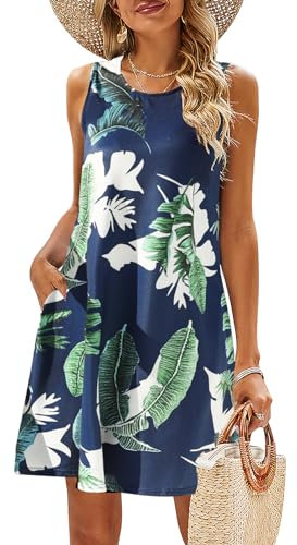 BDTECAOR Frauen Sommer Casual Swing T-Shirt Kleider Strand Vertuschen Lockeres Kleid Tropisches Blatt M