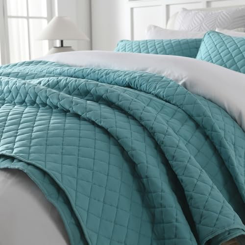 ENASAL Tagesdecke 220x240cm, Bettüberwurf Sofaüberwurf leichte Überwurfdecke mit 2 Kissenbezügen, Gesteppte Steppdecke für Doppelbett,Blau Geometrisch, 230x250cm
