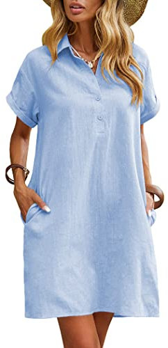 Zeagoo Womens Summer Dresses Casual Short Sleeve Midi Shift Cotton Linen Sundress with Pockets Light Blue L