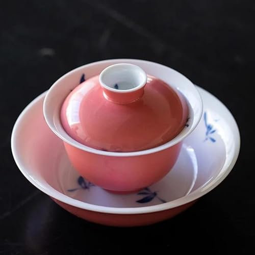 Teeservice Für Erwachsene Haushalts-Kung-Fu-Teebereiter Gaiwan-Set Pfirsichrote Glasur Teeterrine Handbemalte Orchideen-Keramik Sancai-Teetasse Mit Deckel 150 Ml Teekanne Teeservice