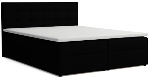 Boxspringbett 140x200 mit Bettkasten, Jessa Doppelbett Schwarz Velourstoff | Bett 140x200, Doppelbett mit Komfortschaumkern-Topper (2 cm) für extra Liegekomfort