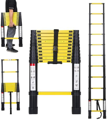 Izrielar Scala telescopica 3,2 m, in alluminio, allungabile, scala telescopica, portata 150 kg, per interni da giardino, colore: nero/giallo con due ganci