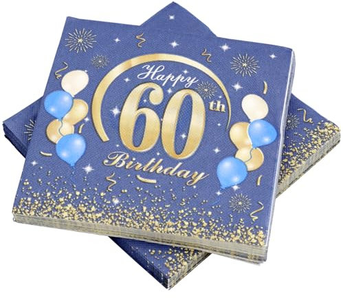 KASURE 50 Stück Deko 60 Geburtstag Junge Servietten Mit Happy Birthday Konfetti, 33x33cm 60 Geburtstagsdeko Servietten Für Geburtstagsfeier, Blau & Gold 60 Geburtstag Mädchen Junge Jubiläum Servietten