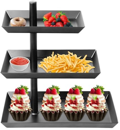 Schwarz Stahl Etagere 3 Etagen, 360°Drehbares Obstkorb Etagere, Cupcake Ständer, Metall Food Display Servierplatte Für Dessert, Kuchen, Gebäck, Keks, Obst (Schwarz)