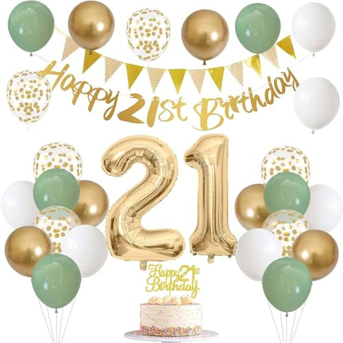 21st Birthday Decorations,Sage Green White Gold Birthday Balloons with Banner and Cake Topper, Number 21 Balloon for Party Decorations (21st)