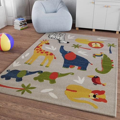Smart Kids Gewebter Kinderteppich Entdecke die Bunte Safari mit Krokodilen, Elefanten, Giraffen und Zebras – Benny & Friends (200 x 290 cm, Sand beige meliert)