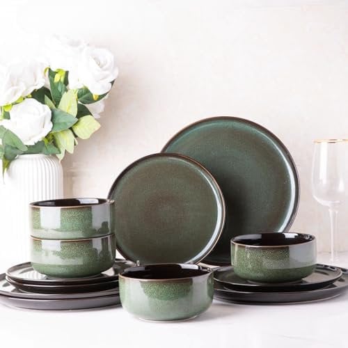 LeRatio Dinner Set for 4, 12 Piece Stoneware Plates and Bowls Set, Chip & Scratch Resistant Reactive Glazed Dinnerware Set, Dishwasher & Microwave Safe Crockery Set (Jade Green, Service for 4)