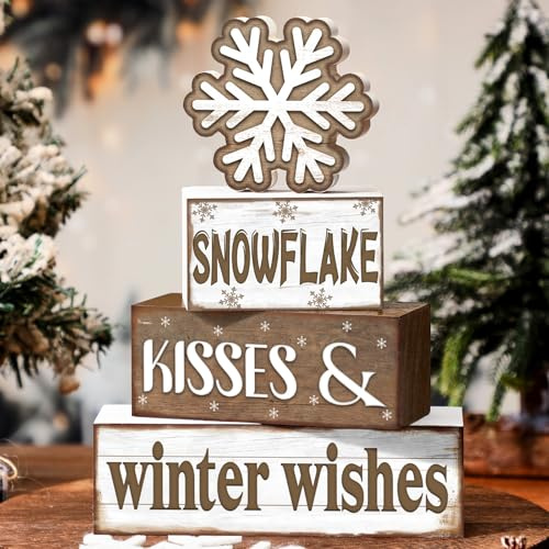 Huquary 4 Pcs Winter Table Decorations Snowflake Tiered Tray Decor Christmas Centerpiece Winter Snow Block Signs Winter Table Decor Winter Tabletop Signs(Warm Style)