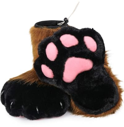ZFKJERS Cosplay Tier Katze Kunststoff Krallen für Pelzfüße Pfotenschuhe Pelzpfote Hausschuhe Erwachsene Kostüm Zubehör Set (Braun)