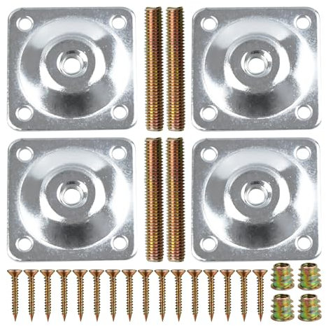 bociloy 4PCS M8 Thread Leg Mounting Plates, Sliver Furniture Leg Attachment Plates, Flat Furniture Mounting T-Plates Furniture with Hanger Bolts Screws Repair Kit for Sofa Table Couch Chair