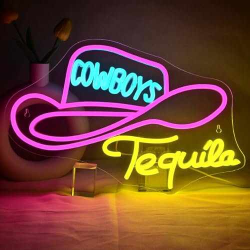 JURONG COWBOYS & Tequila Neon Signs for Wall Decor, Dimmable LED Neon Light USB Powered Light Up Sign, Western Bar Vibes in Pink, Blue, and Yellow Glow, Western Bachelorette Party Decor