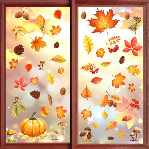 TAIANJI 10 Blatt Herbst Fenster Aufkleber, Thanksgiving Fenster Fenstersticker Fensterdeko Doppelseitig Herbst Aufkleber Gefallene Blätter Herbstdeko 30 x 20cm