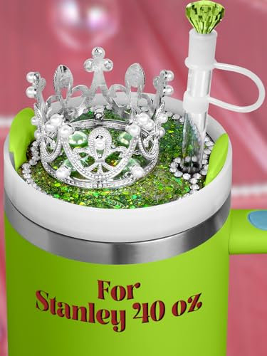 Toykee Lid Name Plate Topper for Stanley Cup 40 oz - Light Green Crown with Diamond Straw Cover Cute Decoration Accessories for Tumbler, Water Bottle Glitter Bling Decor for Women Girls