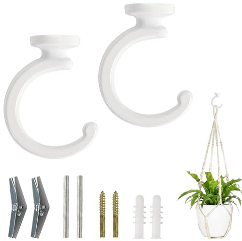 Mkono Ceiling Hooks for Hanging Plants, Swag Hook Plant Wall Hanger Heavy Duty for Hanging Planter, Chandeliers, Wind Chimes, Indoor Outdoor Decorative Hooks (2 Pack White)