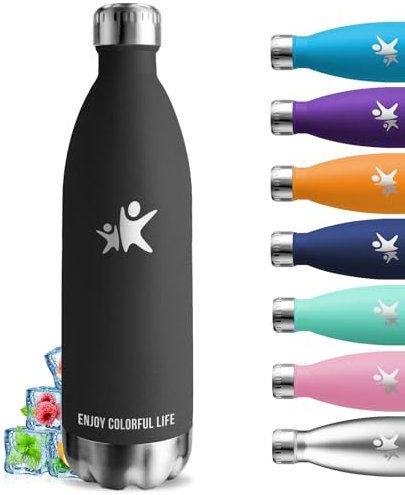 Borraccia Termica, Borraccia 1 litro, Senza BPA, Borraccia Acciaio Inox, Senza Perdite, Bottiglia Termica, Acciaio Inossidabile 18/8, Borraccia Metallo, per Corsa, Campeggio, Fitness, Escursionismo