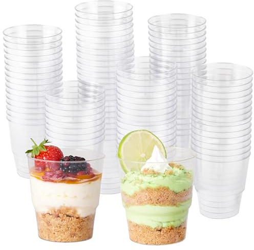 MATANA 144 Clear Hard Plastic Dessert Cups (Round, 220ml) - Sturdy & Reusable - Dessert Pots for Appetisers, Puddings, Mousses, Parfaits, Trifles, Tiramisu, Cheesecakes