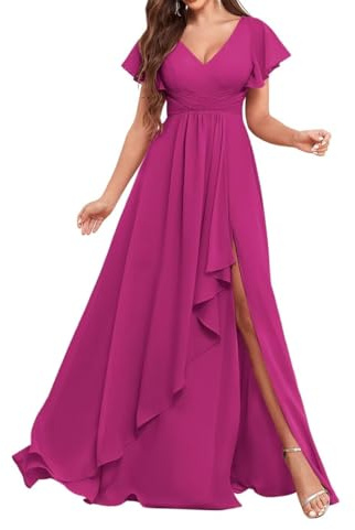 Robes de demoiselle d'honneur de princesse avec manches fronces, robes de bal en mousseline, robe de soirée formelle avec fente ZM214, rose vif, 40