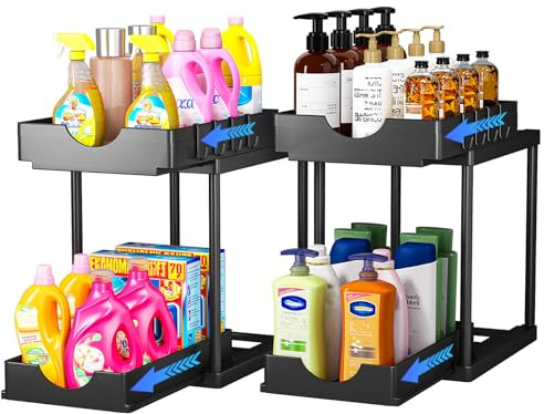 PurKeep 2 Pack Under Sink Storage, Sliding Kitchen Storage and Organisation | 2 Tier Cupboard Organiser, Under Sink Shelf, Under Cabinet Organizer with Hooks, for Bathroom Kitchen Countertop, 2L