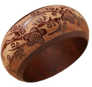 ChungLong0593 Handmade Vintage Carved Wooden Bangle Bracelet for Women, Ethnic Boho Wide Cuff with Floral/Geometric/Traditional Patterns, Natural Wood Statement Jewelry (Style F)