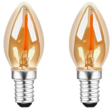 JQslight E12 Candle Bulbs 2-Pack, 2200K Amber Warm White, 0.5W LED (Equivalent to 5W), C7 Vintage Filament Light Bulb, Small Screw Base for Salt Lamps, Night Lights, Table Lamps - AC 220-240V.