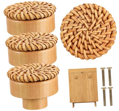 Hemobllo 4 Pièces Boutons De Tiroir Bois Et Rotin Poignées Décoratives Pour Commode Boutons Meubles