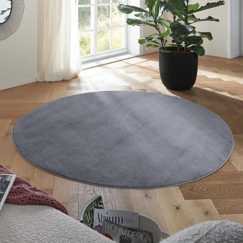 Taracarpet Teppich Kurzflor weicher Designer Uni Bodenbelag Madrid fürs Wohnzimmer, Kinderzimmer, Schlafzimmer und die Küche geeignet New Anthrazit 160 cm rund