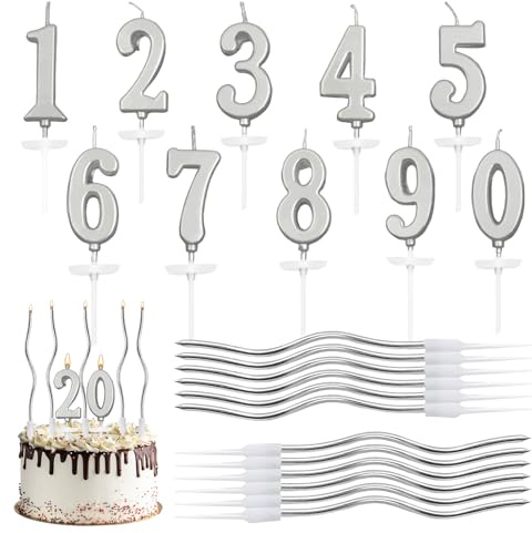 22 Stück Silber Geburtstagskerzen Zahlen 0-9, Birthday Candles Cake | Silber Spirale Kuchen Kerzen, Dekoration Kuchen Nummer mit Halter, für Torten Geburtstag Party Hochzeit Dekoration