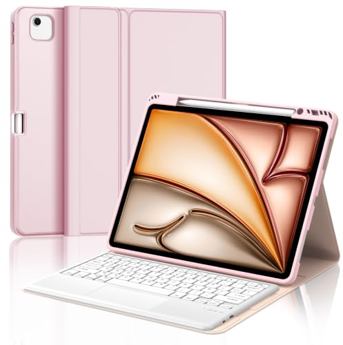 Étui Clavier pour iPad Air 13 Pouces M4/M3/M2 & iPad Pro 12,9 3e-6e Gen | Coque Keyboard Pavé Tactile AZERTY Layout pour iPad Air 13 2026-2024 & iPad Pro 12,9 2018-2022, Rose