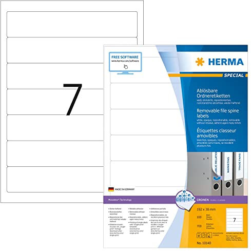 HERMA 10140 Ordnerrücken Etiketten ablösbar kurz schmal, 100 Blatt, 192 x 38 mm, 7 pro A4 Bogen, 700 Stück, selbstklebend, bedruckbar, blickdicht, Papier Ordneretiketten Rückenschilder Aufkleber, weiß