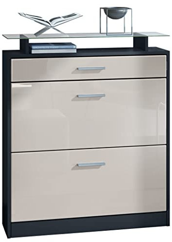 Vladon Schuhschrank Loret, Schuhkipper für 16 Paar Schuhe mit 2 Klappen und 1 Schublade und Glasablage, Schwarz matt/Sandgrau Hochglanz (89 x 104 x 23 cm)