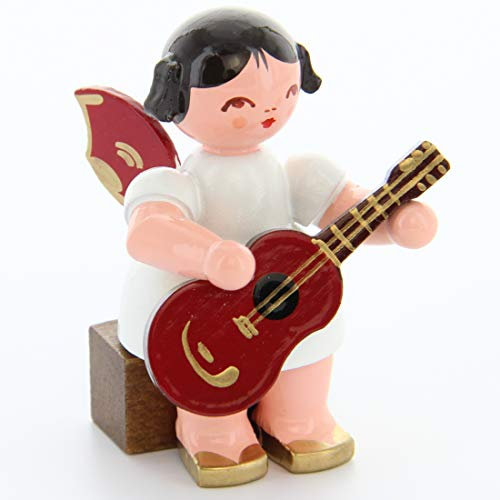 Engel mit Gitarre - Rote Flügel - sitzend - 5cm / Weihnachtsengel - Original Erzgebirge Engel -Kunstgewerbe Uhlig