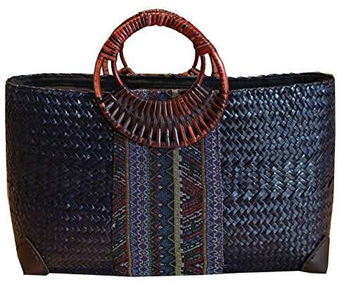 Rotfuchs Damentasche Handtasche Strohtasche Einkaufstasche Strandtasche Handgefertigt aus Schilf Marine 50 cm