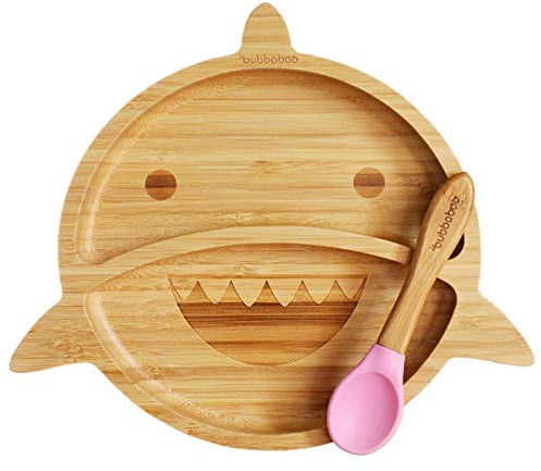 Bubbaboo Ensemble assiette et cuillère en bambou avec ventouse Motif requin Rose